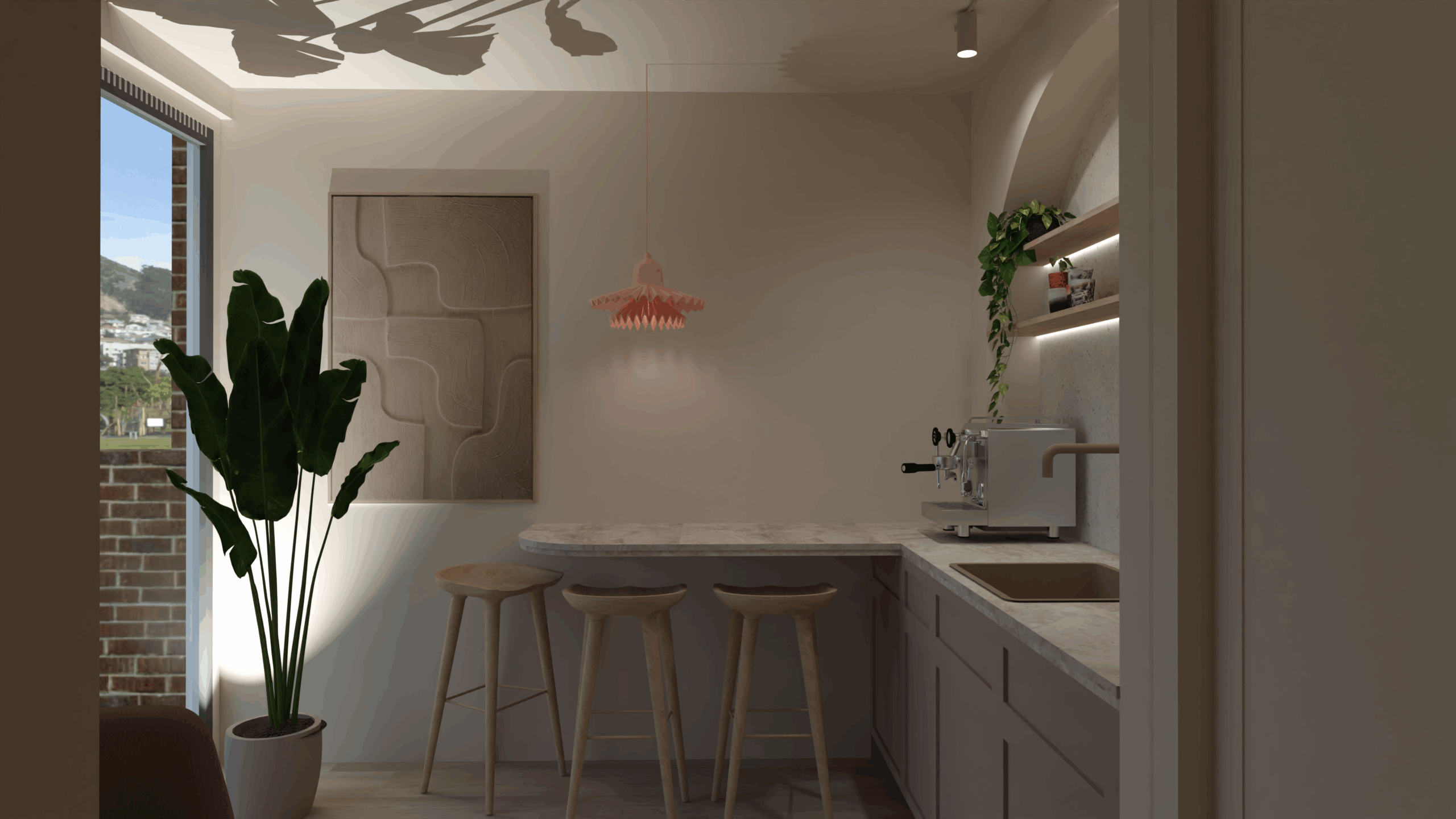 Ronde grote nis met planken waar een mooie Dekton plaat tegen de achterwand zit.